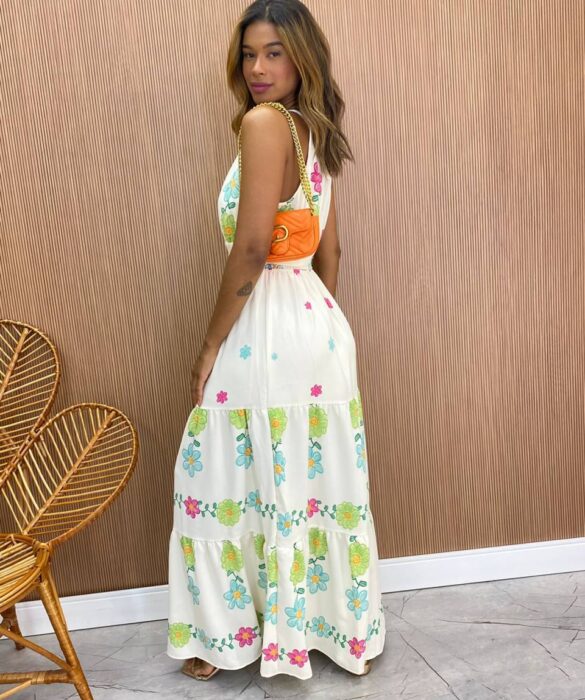 Vestido Longo com Bojo e Amarração Sofia Estampado Off White - Fernanda Ramos Store