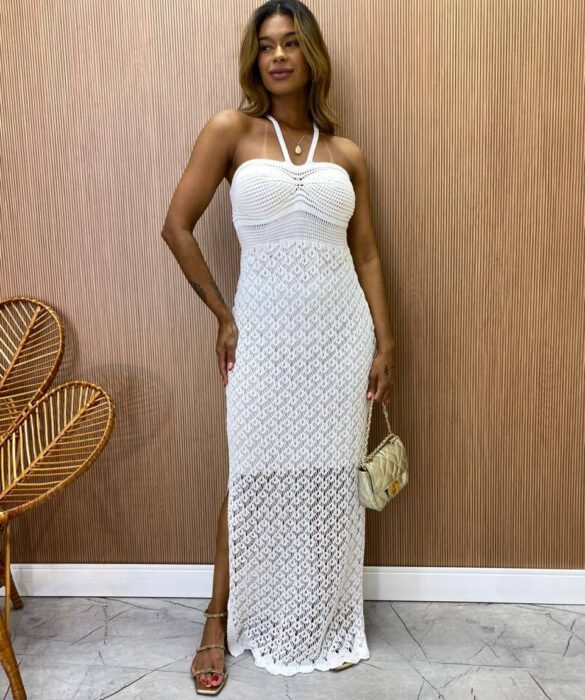 Vestido Longo com Bojo Juliana Crochê Branco - Fernanda Ramos Store