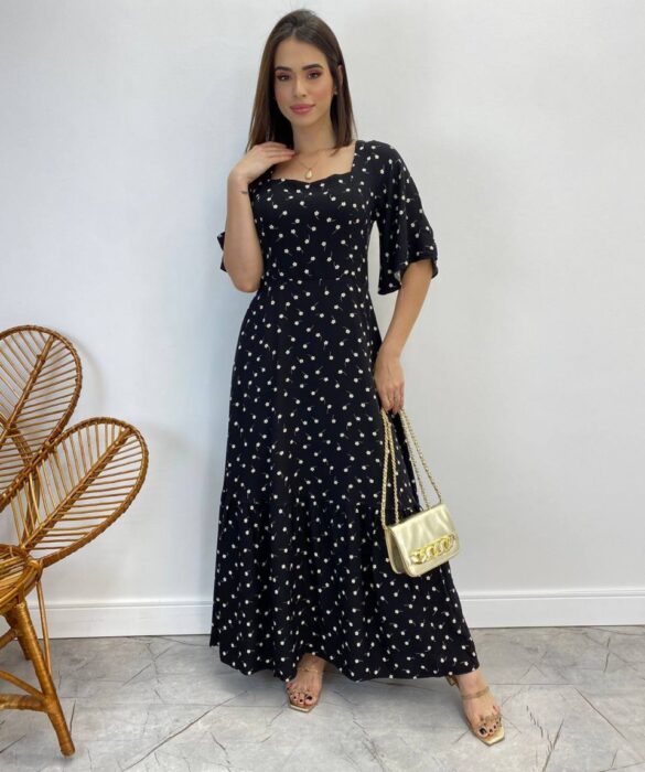 Vestido Longo sem Bojo Antonella Estampa Floral Preto - Fernanda Ramos Store