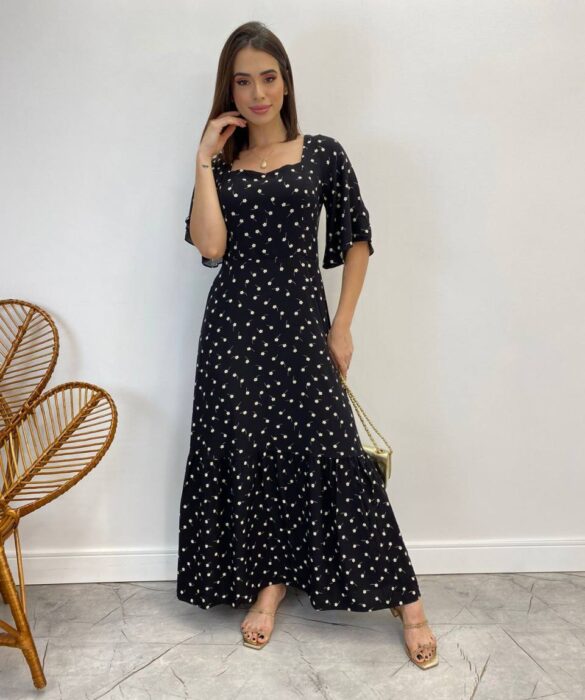 Vestido Longo sem Bojo Antonella Estampa Floral Preto - Fernanda Ramos Store