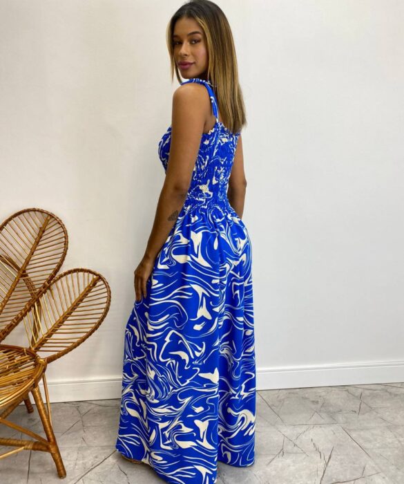 Vestido Longo sem Bojo Barbara com Lastex Estampado Azul - Fernanda Ramos Store