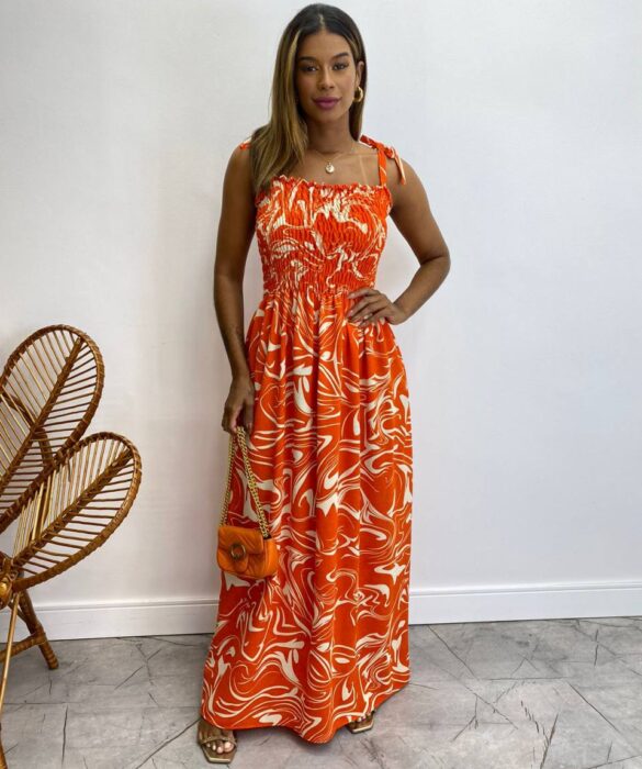 Vestido Longo sem Bojo Barbara com Lastex Estampado Laranja - Fernanda Ramos Store