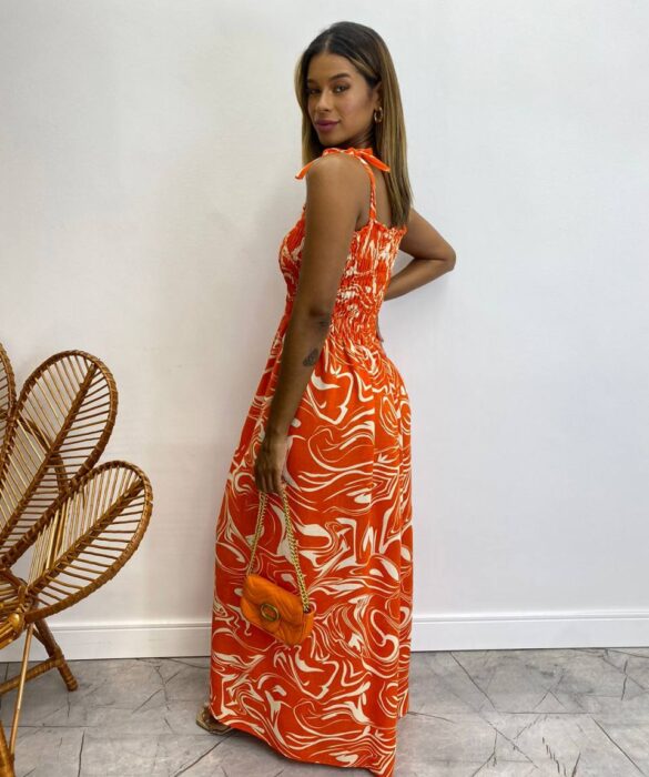 Vestido Longo sem Bojo Barbara com Lastex Estampado Laranja - Fernanda Ramos Store