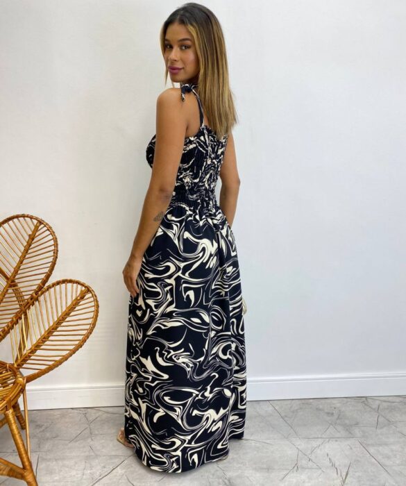 Vestido Longo sem Bojo Barbara com Lastex Estampado Preto - Fernanda Ramos Store