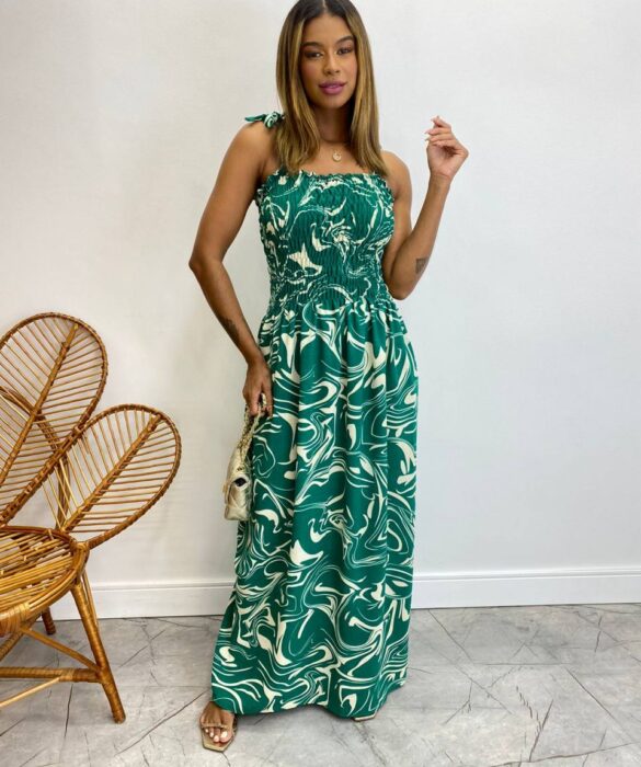 Vestido Longo sem Bojo Barbara com Lastex Estampado Verde - Fernanda Ramos Store