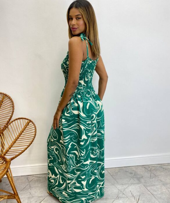 Vestido Longo sem Bojo Barbara com Lastex Estampado Verde - Fernanda Ramos Store