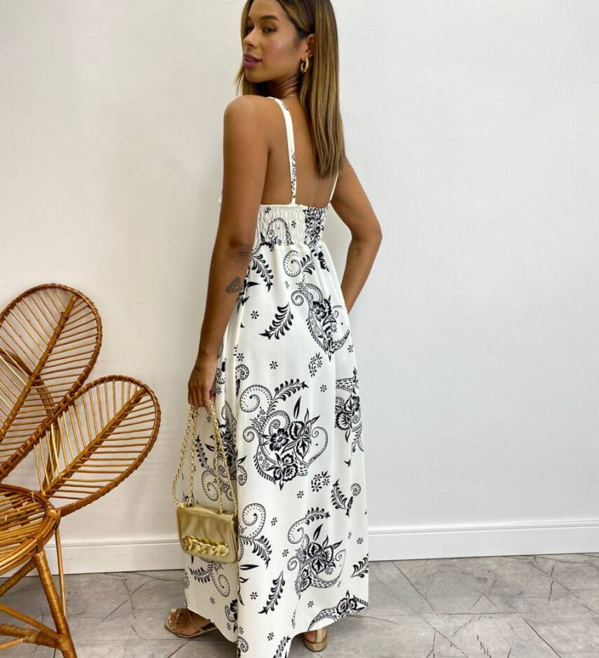 Vestido Longo sem Bojo Carolina Alça Regulável Estampado Branco - Fernanda Ramos Store