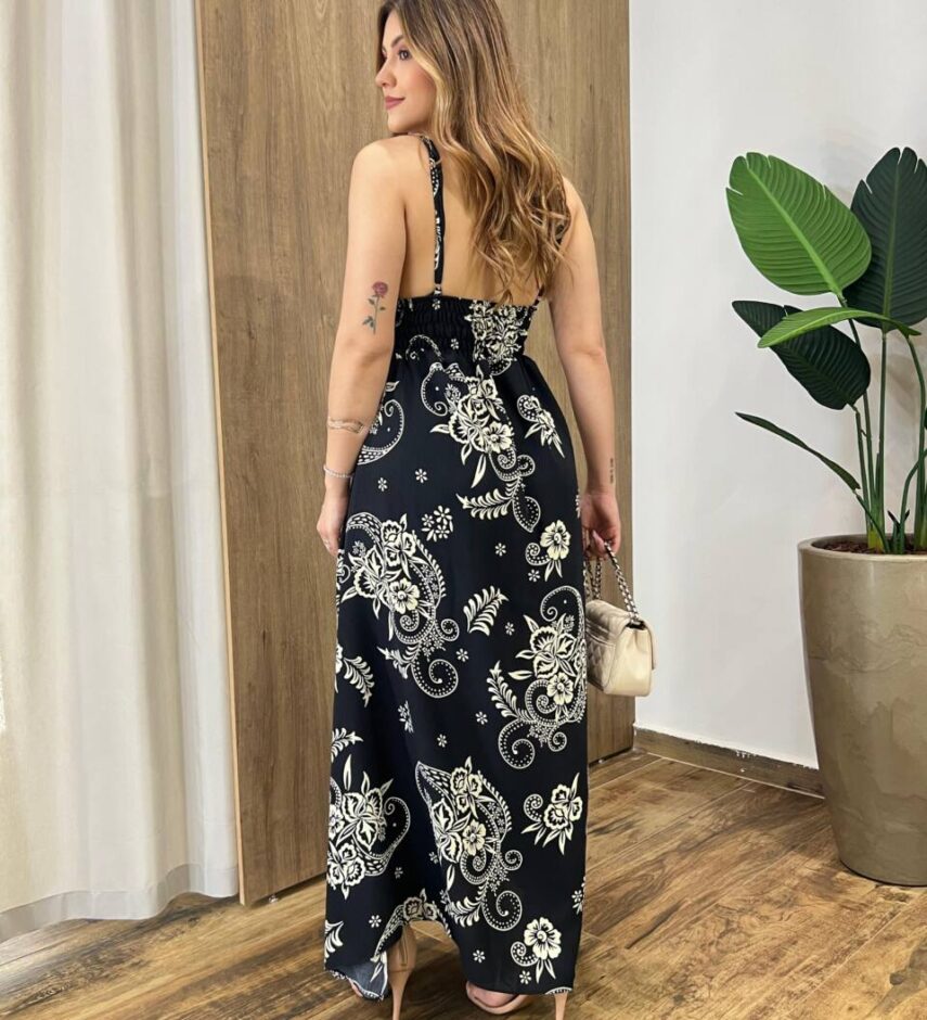 Vestido Longo sem Bojo Carolina Alça Regulável Estampado Preto - Fernanda Ramos Store