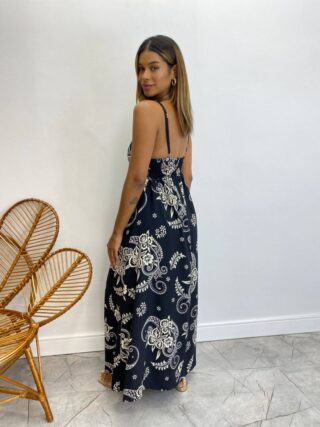 Vestido Longo sem Bojo Carolina Alça Regulável Estampado Preto - Fernanda Ramos Store