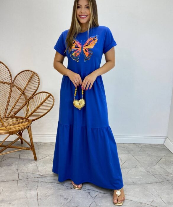 Vestido Longo sem Bojo de Malha Estampa Borboleta Azul - Fernanda Ramos Store