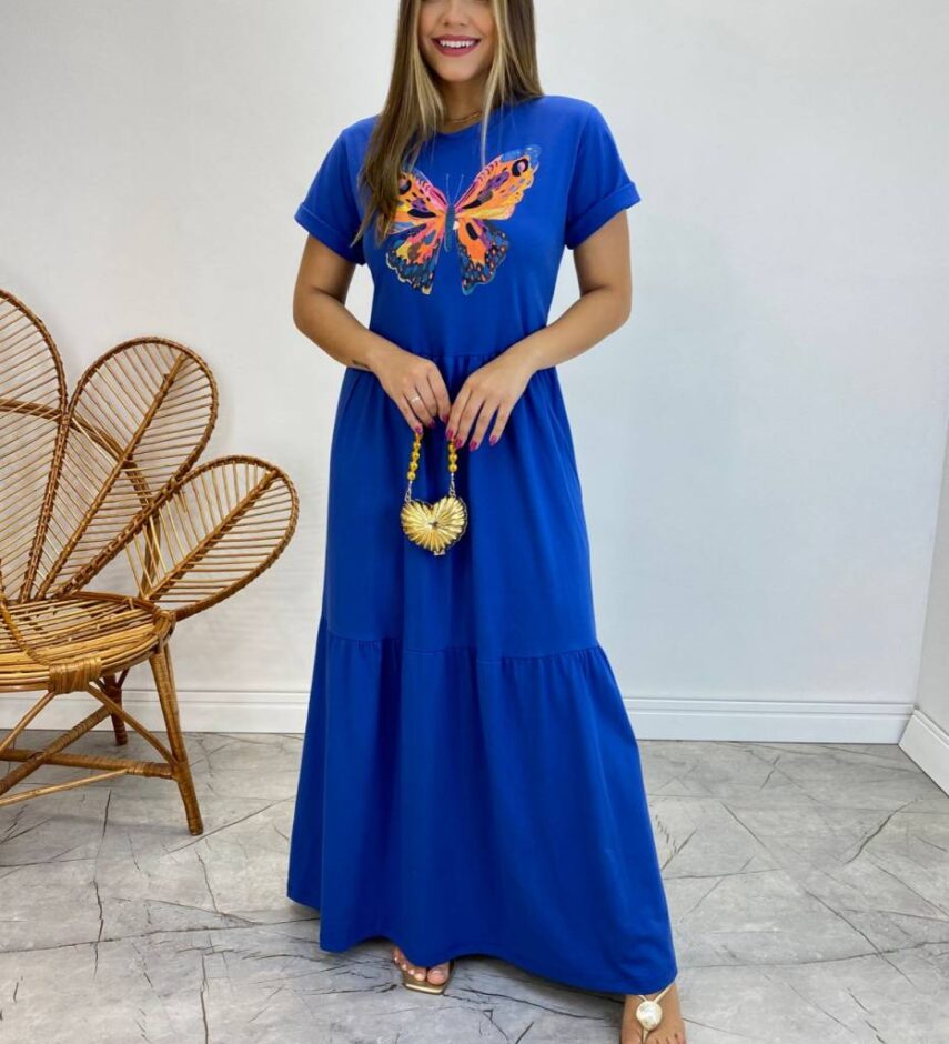 Vestido Longo sem Bojo de Malha Estampa Borboleta Azul - Fernanda Ramos Store
