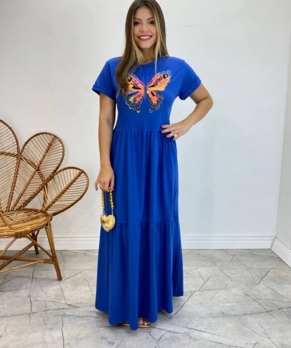 Vestido Longo sem Bojo de Malha Estampa Borboleta Azul - Fernanda Ramos Store