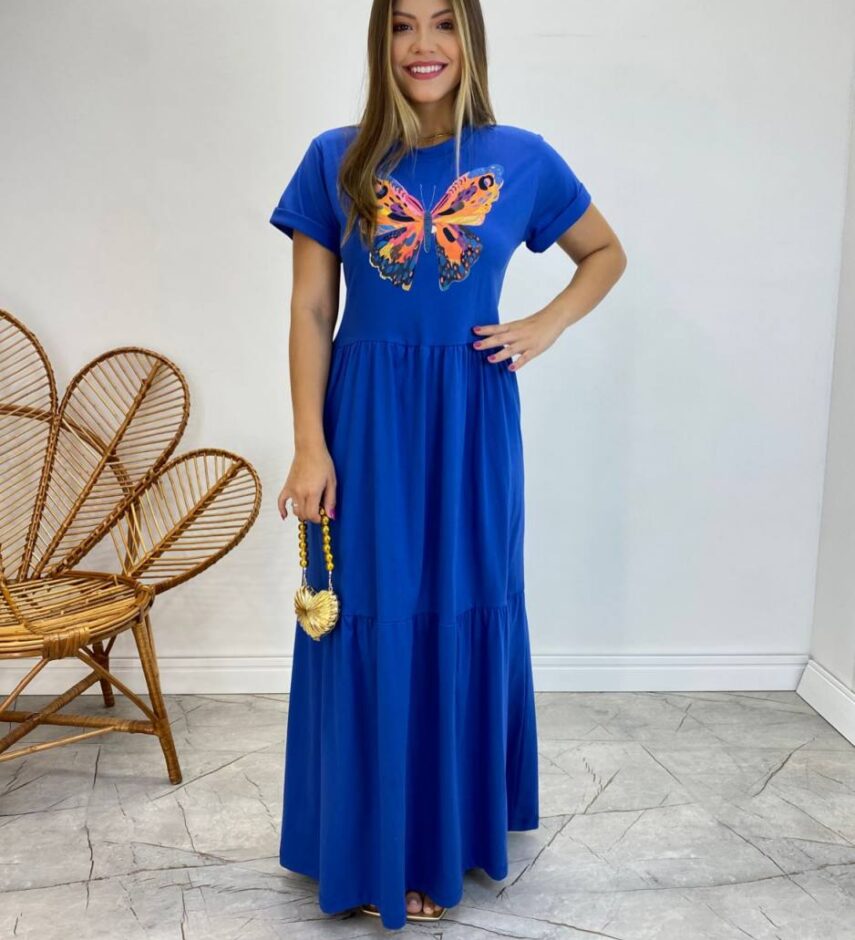 Vestido Longo sem Bojo de Malha Estampa Borboleta Azul - Fernanda Ramos Store