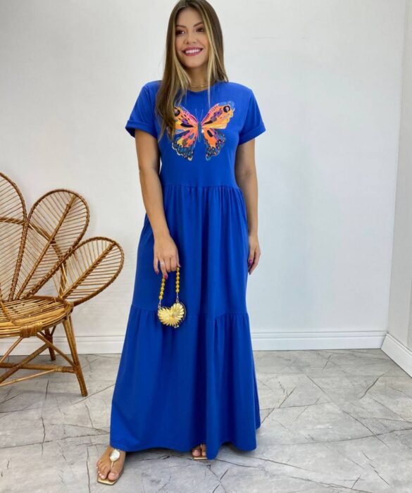 Vestido Longo sem Bojo de Malha Estampa Borboleta Azul - Fernanda Ramos Store