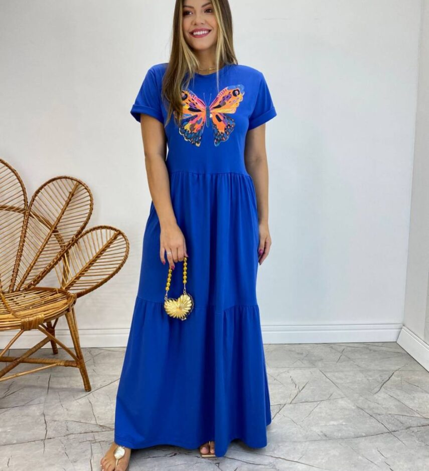 Vestido Longo sem Bojo de Malha Estampa Borboleta Azul - Fernanda Ramos Store