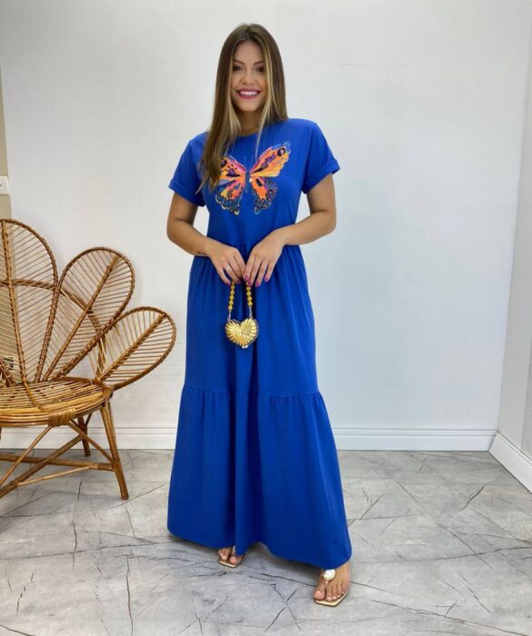 Vestido Longo sem Bojo de Malha Estampa Borboleta Azul - Fernanda Ramos Store