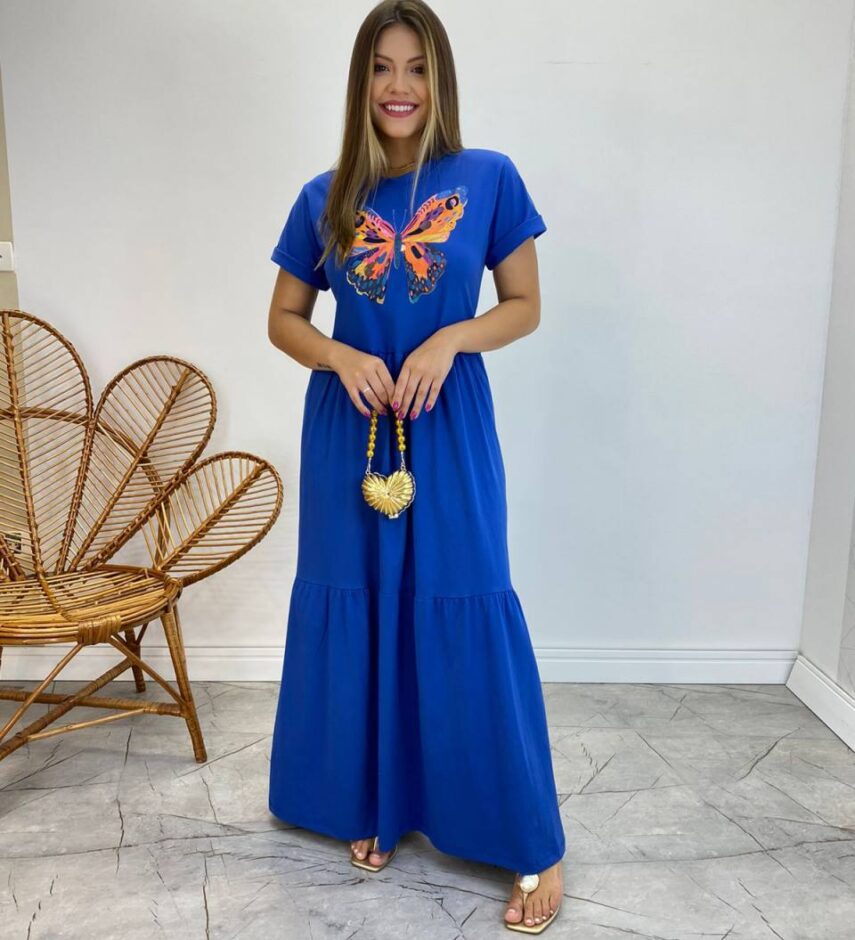 Vestido Longo sem Bojo de Malha Estampa Borboleta Azul - Fernanda Ramos Store