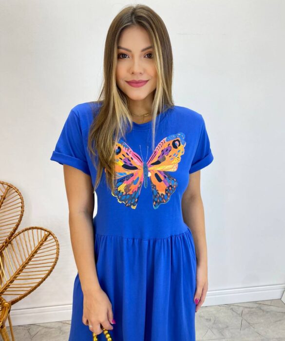 Vestido Longo sem Bojo de Malha Estampa Borboleta Azul - Fernanda Ramos Store