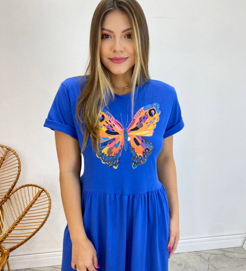 Vestido Longo sem Bojo de Malha Estampa Borboleta Azul - Fernanda Ramos Store