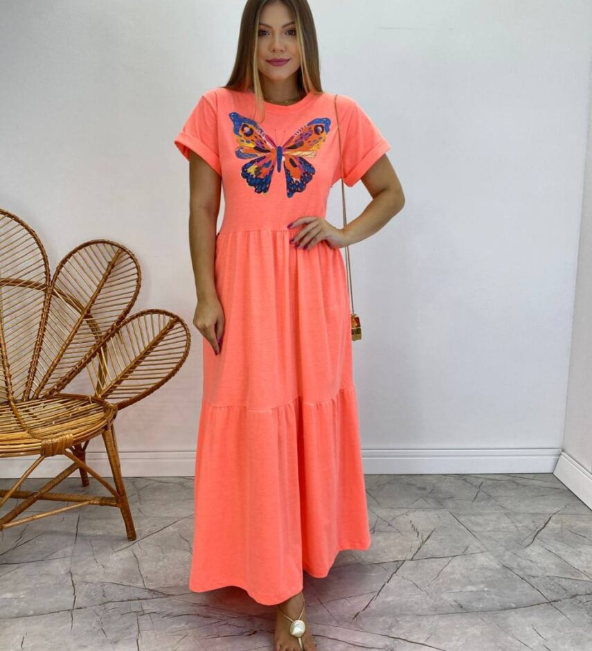 Vestido Longo sem Bojo de Malha Estampa Borboleta Rosa Flúor - Fernanda Ramos Store
