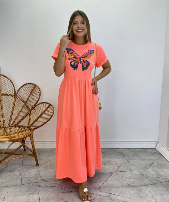 Vestido Longo sem Bojo de Malha Estampa Borboleta Rosa Flúor - Fernanda Ramos Store