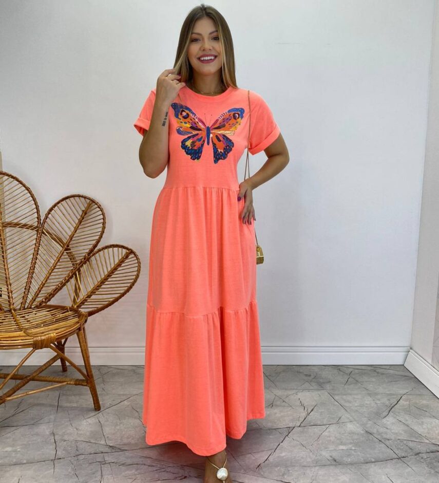 Vestido Longo sem Bojo de Malha Estampa Borboleta Rosa Flúor - Fernanda Ramos Store