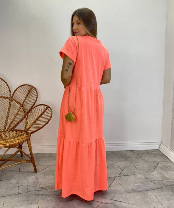 Vestido Longo sem Bojo de Malha Estampa Borboleta Rosa Flúor - Fernanda Ramos Store