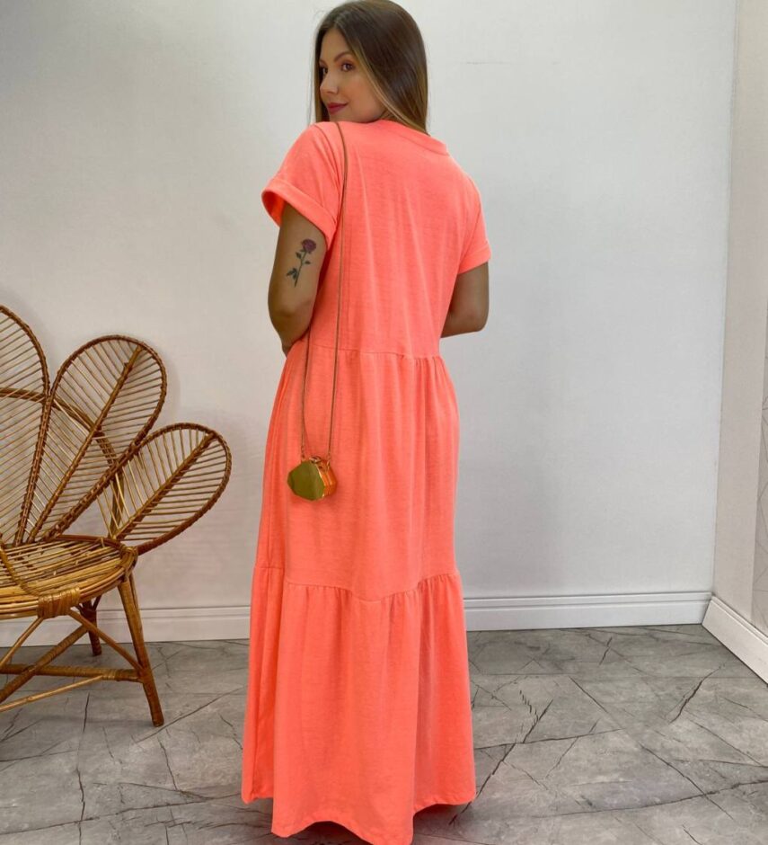 Vestido Longo sem Bojo de Malha Estampa Borboleta Rosa Flúor - Fernanda Ramos Store