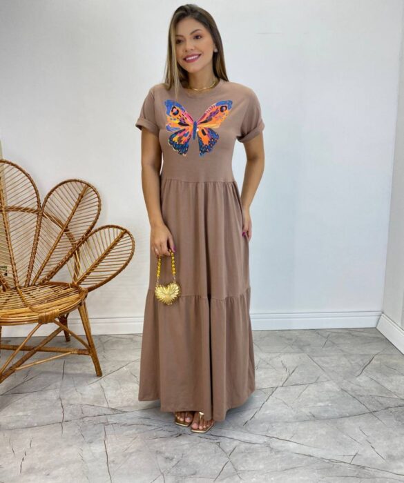 Vestido Longo sem Bojo de Malha Estampa Borboleta Terra - Fernanda Ramos Store