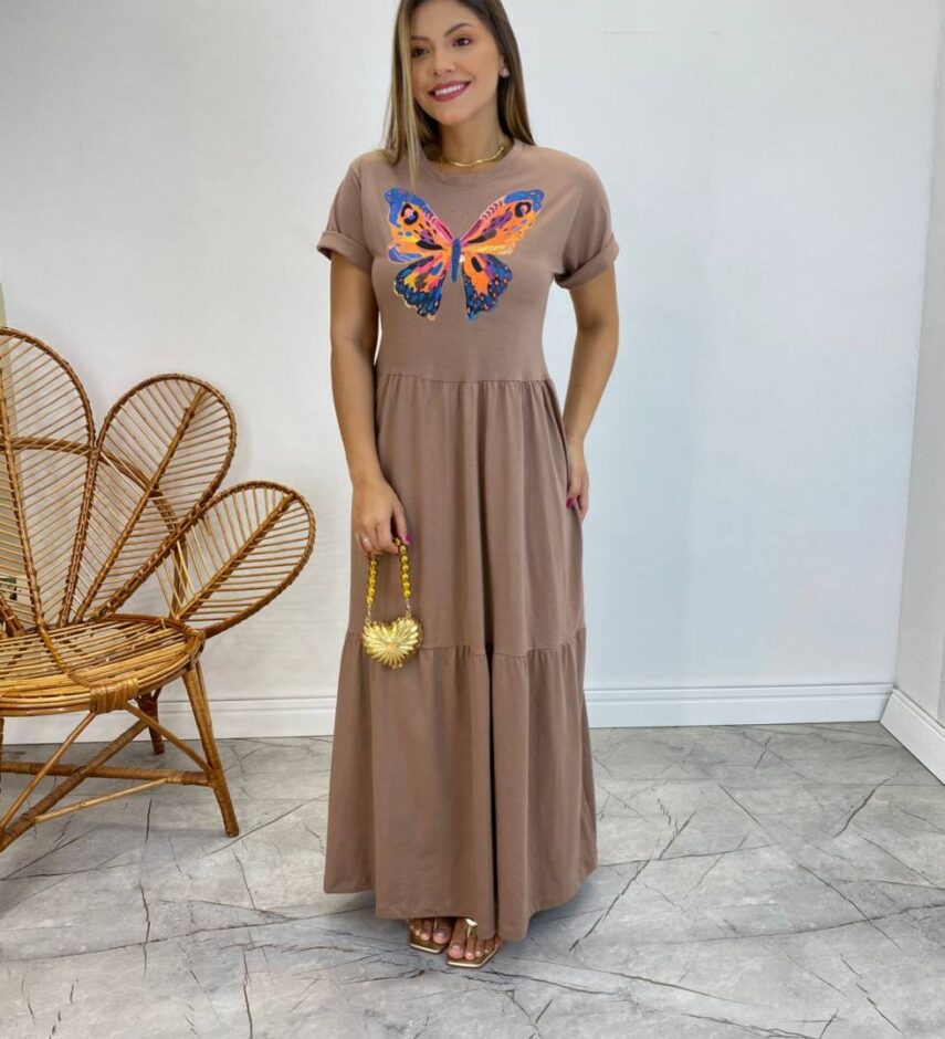 Vestido Longo sem Bojo de Malha Estampa Borboleta Terra - Fernanda Ramos Store