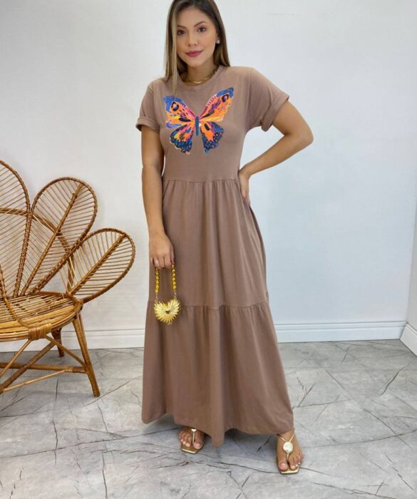 Vestido Longo sem Bojo de Malha Estampa Borboleta Terra - Fernanda Ramos Store