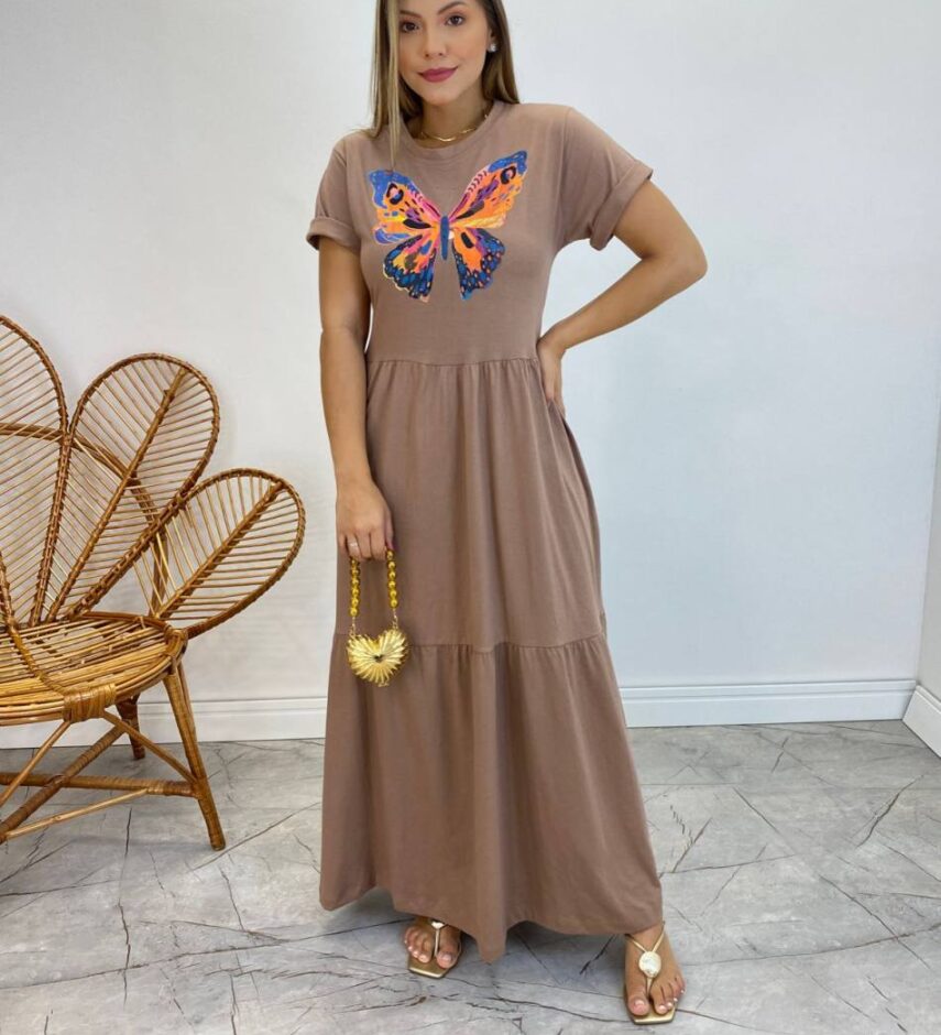 Vestido Longo sem Bojo de Malha Estampa Borboleta Terra - Fernanda Ramos Store