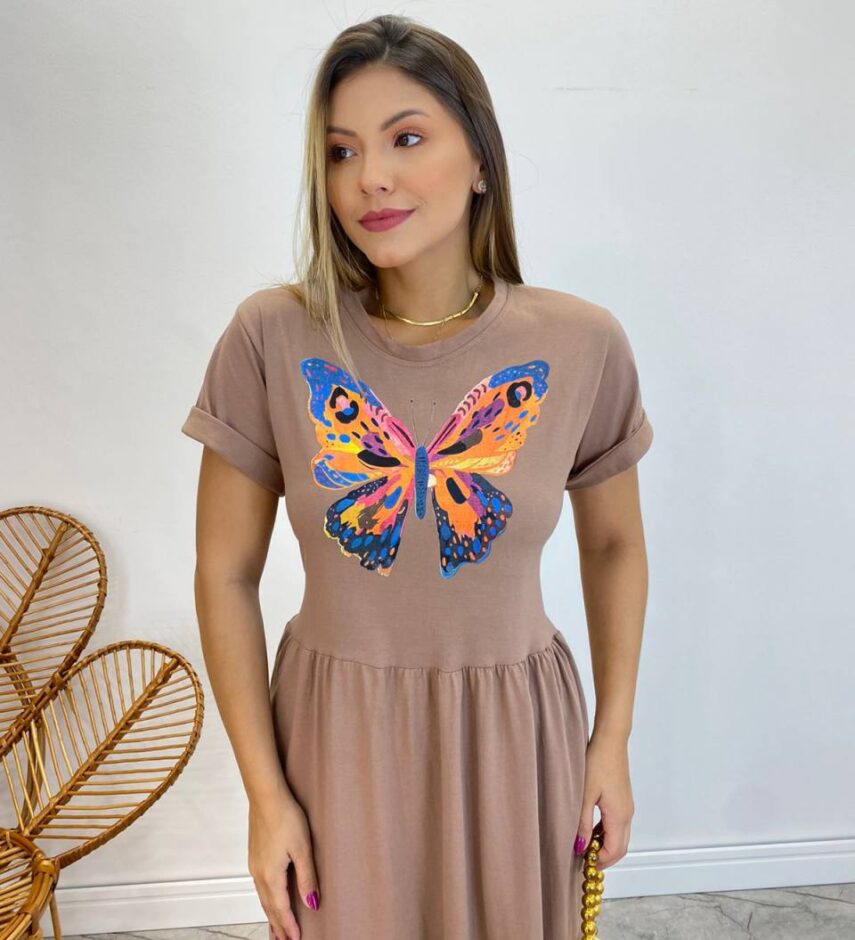 Vestido Longo sem Bojo de Malha Estampa Borboleta Terra - Fernanda Ramos Store