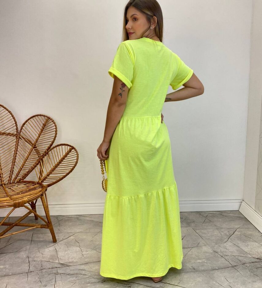 Vestido Longo sem Bojo de Malha Estampa Borboleta Verde Flúor - Fernanda Ramos Store