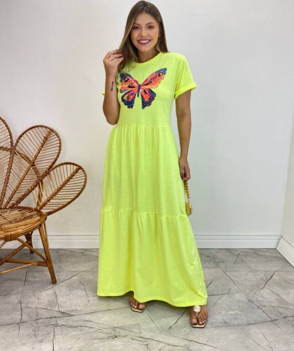 Vestido Longo sem Bojo de Malha Estampa Borboleta Verde Flúor - Fernanda Ramos Store