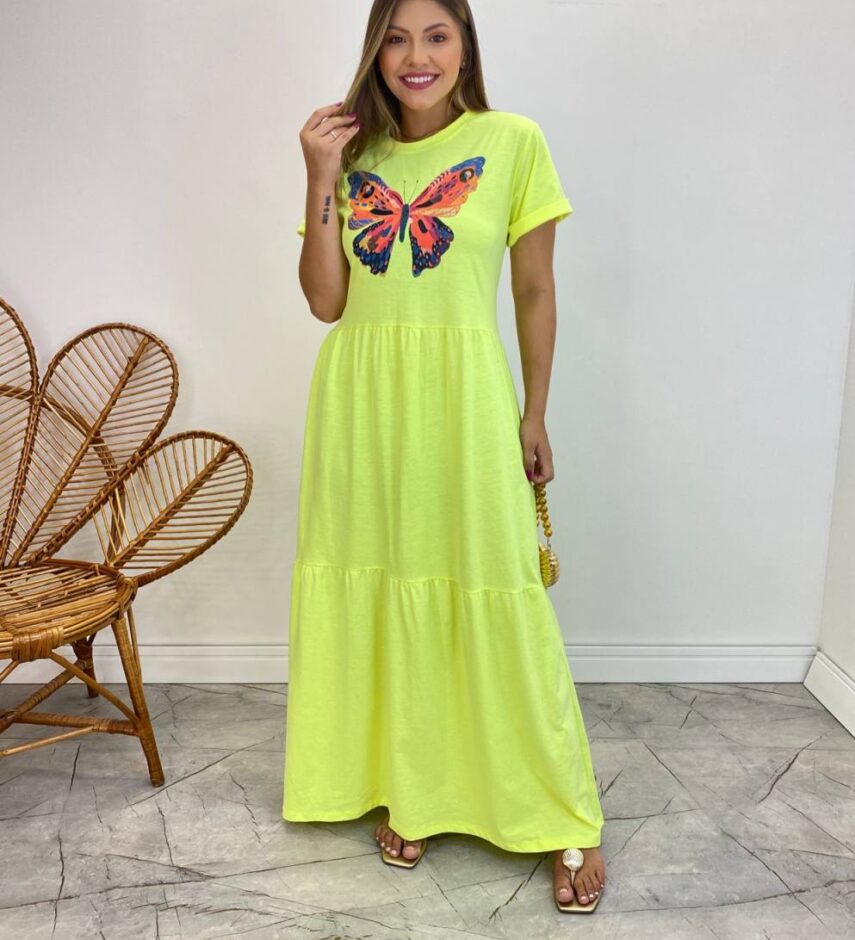 Vestido Longo sem Bojo de Malha Estampa Borboleta Verde Flúor - Fernanda Ramos Store