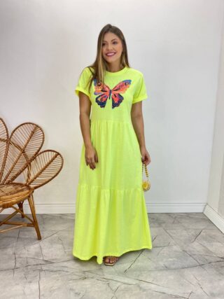 Vestido Longo sem Bojo de Malha Estampa Borboleta Verde Flúor - Fernanda Ramos Store