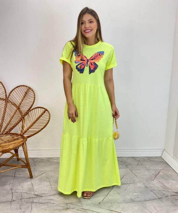 Vestido Longo sem Bojo de Malha Estampa Borboleta Verde Flúor - Fernanda Ramos Store