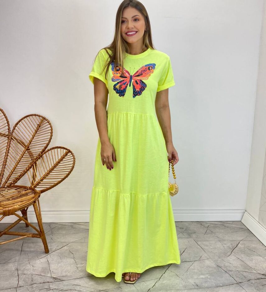 Vestido Longo sem Bojo de Malha Estampa Borboleta Verde Flúor - Fernanda Ramos Store