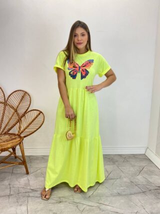 Vestido Longo sem Bojo de Malha Estampa Borboleta Verde Flúor - Fernanda Ramos Store