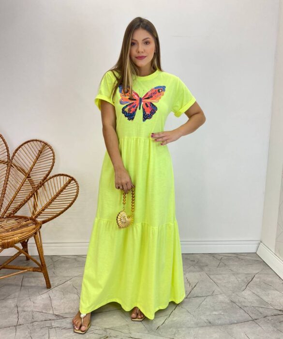 Vestido Longo sem Bojo de Malha Estampa Borboleta Verde Flúor - Fernanda Ramos Store