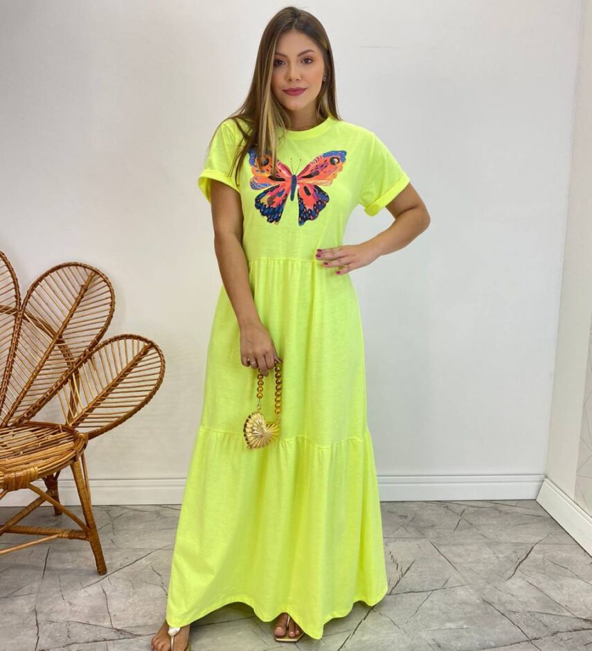 Vestido Longo sem Bojo de Malha Estampa Borboleta Verde Flúor - Fernanda Ramos Store