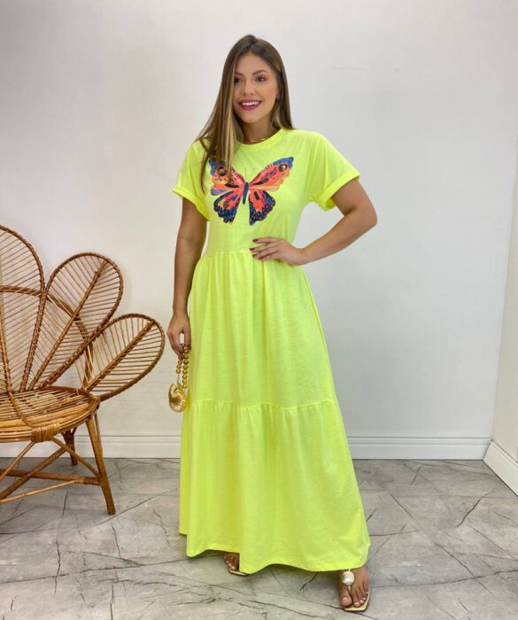 Vestido Longo sem Bojo de Malha Estampa Borboleta Verde Flúor - Fernanda Ramos Store