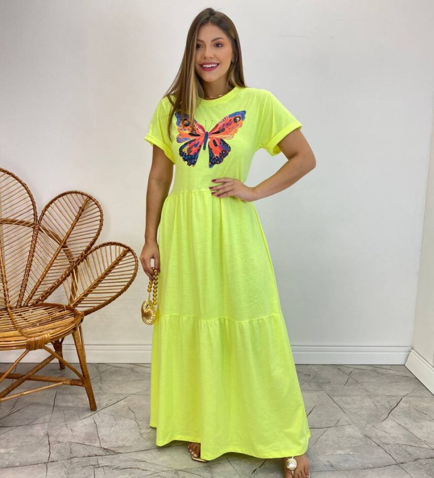 Vestido Longo sem Bojo de Malha Estampa Borboleta Verde Flúor - Fernanda Ramos Store