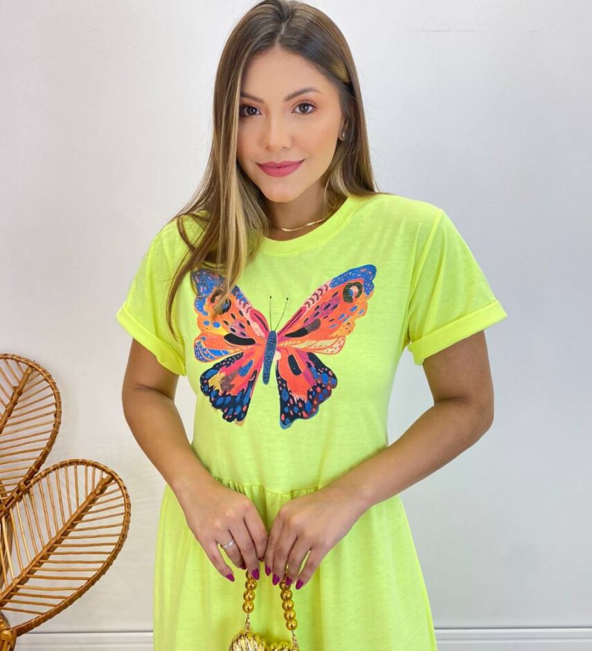 Vestido Longo sem Bojo de Malha Estampa Borboleta Verde Flúor - Fernanda Ramos Store