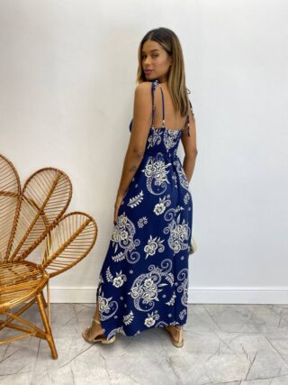 Vestido Longo sem Bojo Liz Amarração nas Alças Estampado Azul - Fernanda Ramos Store