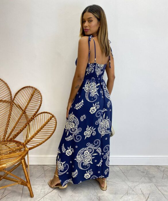 Vestido Longo sem Bojo Liz Amarração nas Alças Estampado Azul - Fernanda Ramos Store