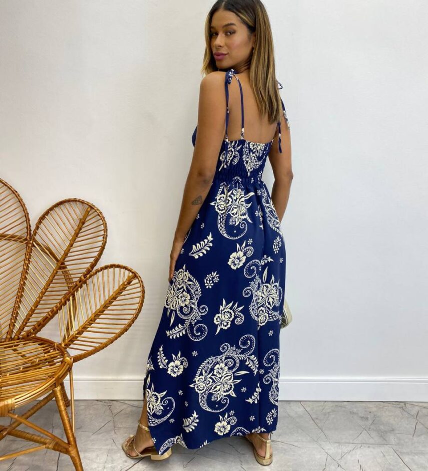 Vestido Longo sem Bojo Liz Amarração nas Alças Estampado Azul - Fernanda Ramos Store
