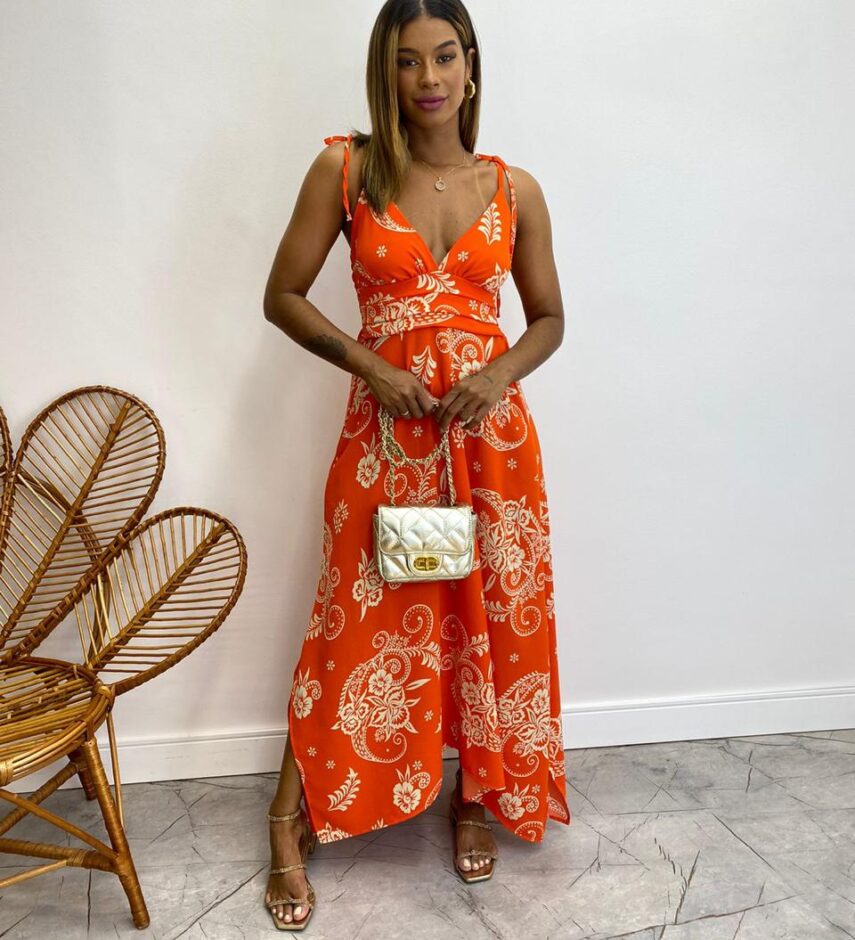 Vestido Longo sem Bojo Liz Amarração nas Alças Estampado Laranja - Fernanda Ramos Store