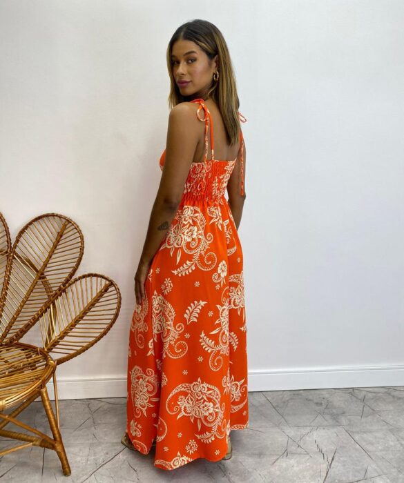 Vestido Longo sem Bojo Liz Amarração nas Alças Estampado Laranja - Fernanda Ramos Store